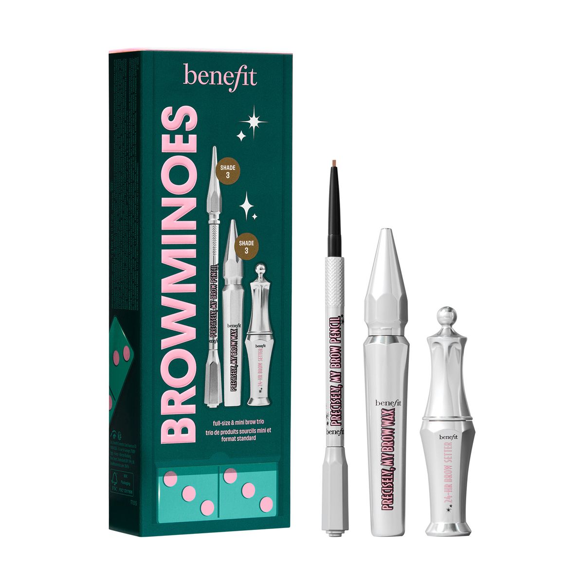 BENEFIT - Kit de cejas Browminoes: Lápiz de cejas + Cera con color voluminizadora + Gel transparente fijador  