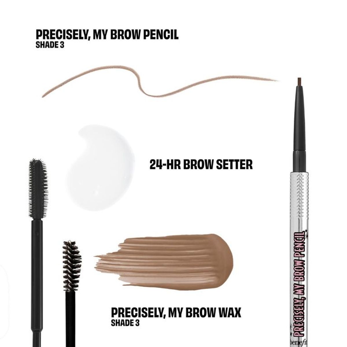 BENEFIT - Kit de cejas Browminoes: Lápiz de cejas + Cera con color voluminizadora + Gel transparente fijador  