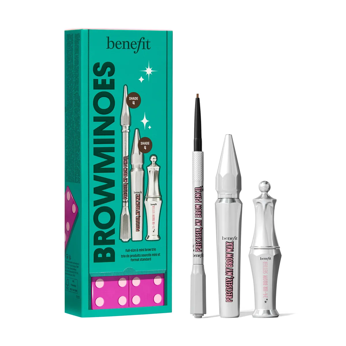 BENEFIT - Kit de cejas Browminoes: Lápiz de cejas + Cera con color voluminizadora + Gel transparente fijador  