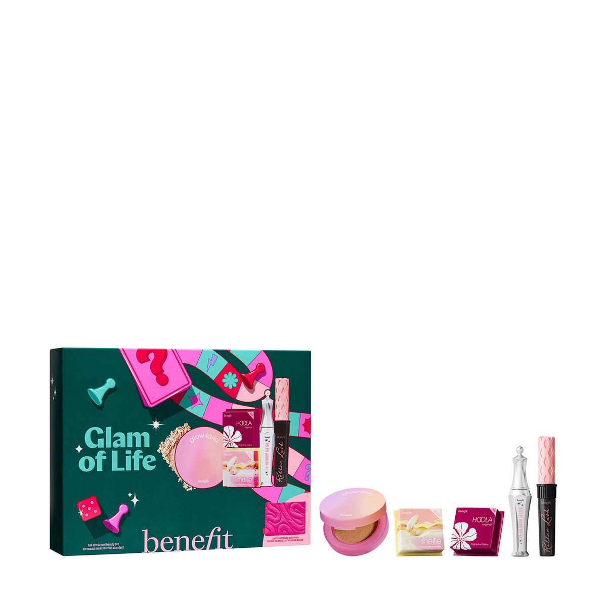 BENEFIT - Set de maquillaje rostro Iluminador, Rubor, bronceador, pestañina, gel de cejas glam of life Benefit Incluye 6 Productos