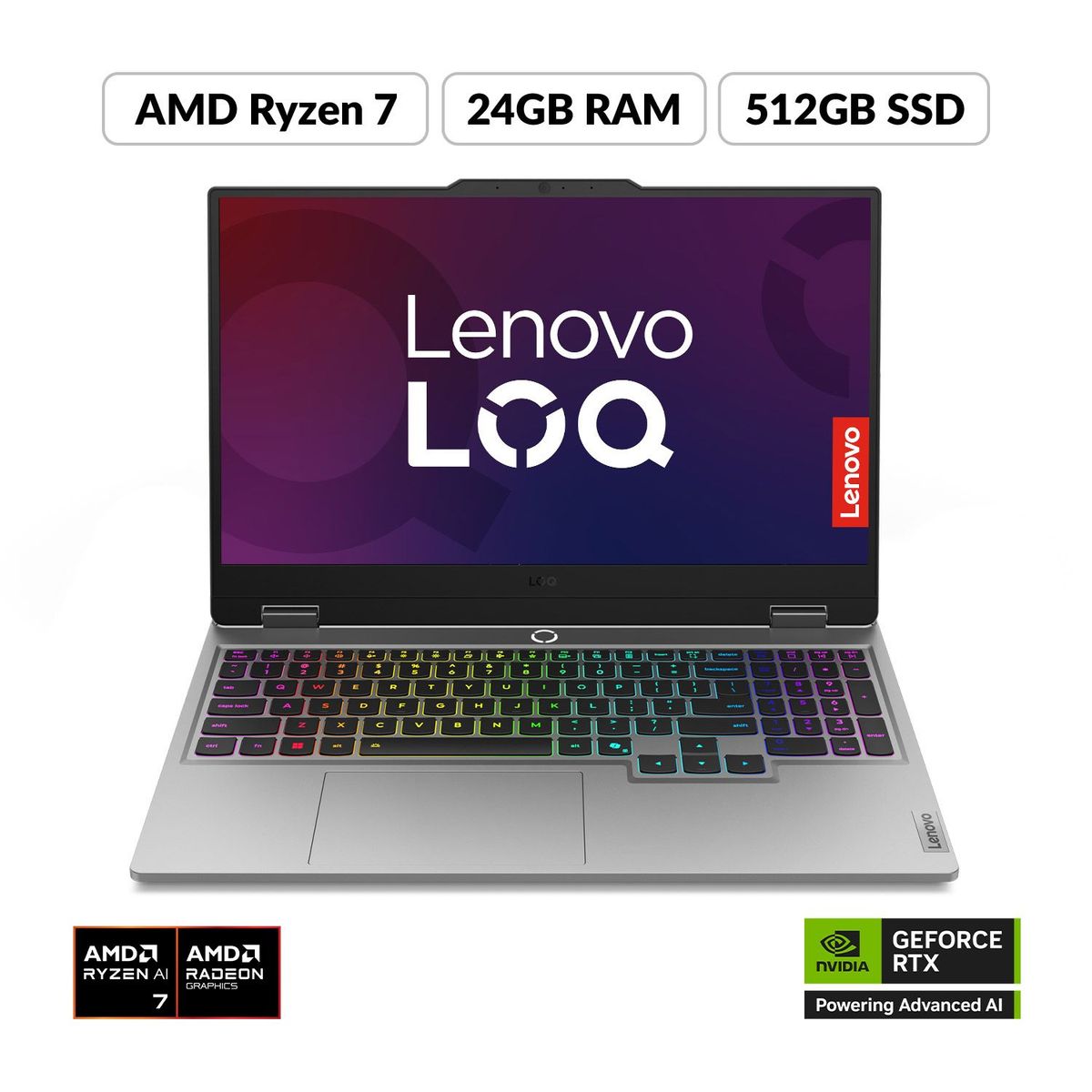 LENOVO - Portátil Gamer Lenovo LOQ| Geforce RTX 5050 |AMD Ryzen 7 | 24GB de RAM | 512GB SSD de Almacenamiento | Windows 11 | Pantalla 15.6 pulgadas | LOQ | Computador Portátil 