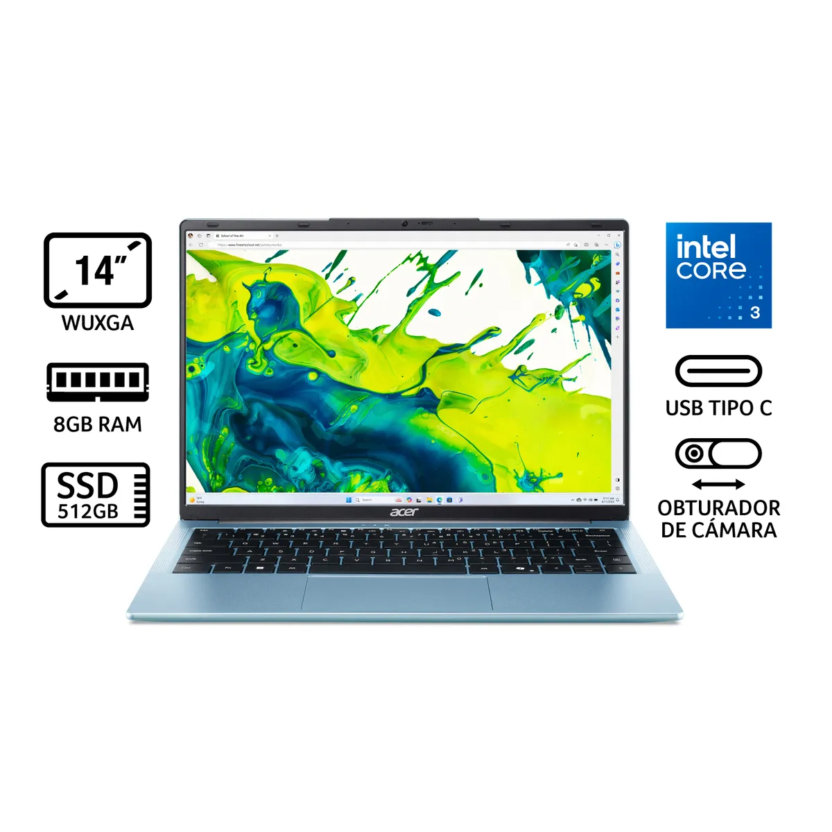 ACER - Portátil Aspire Acer | Intel Core 3 | 8GB de RAM | 512GB SSD de Almacenamiento | Windows 11 | Pantalla 14 pulgadas | AL14-32P-390X | Computador portátil