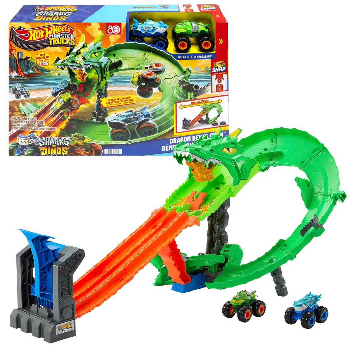 HOT WHEELS - Didáctico Pista de carros Hot Wheels: Camiones Monstruos Tiburones VS Dinos