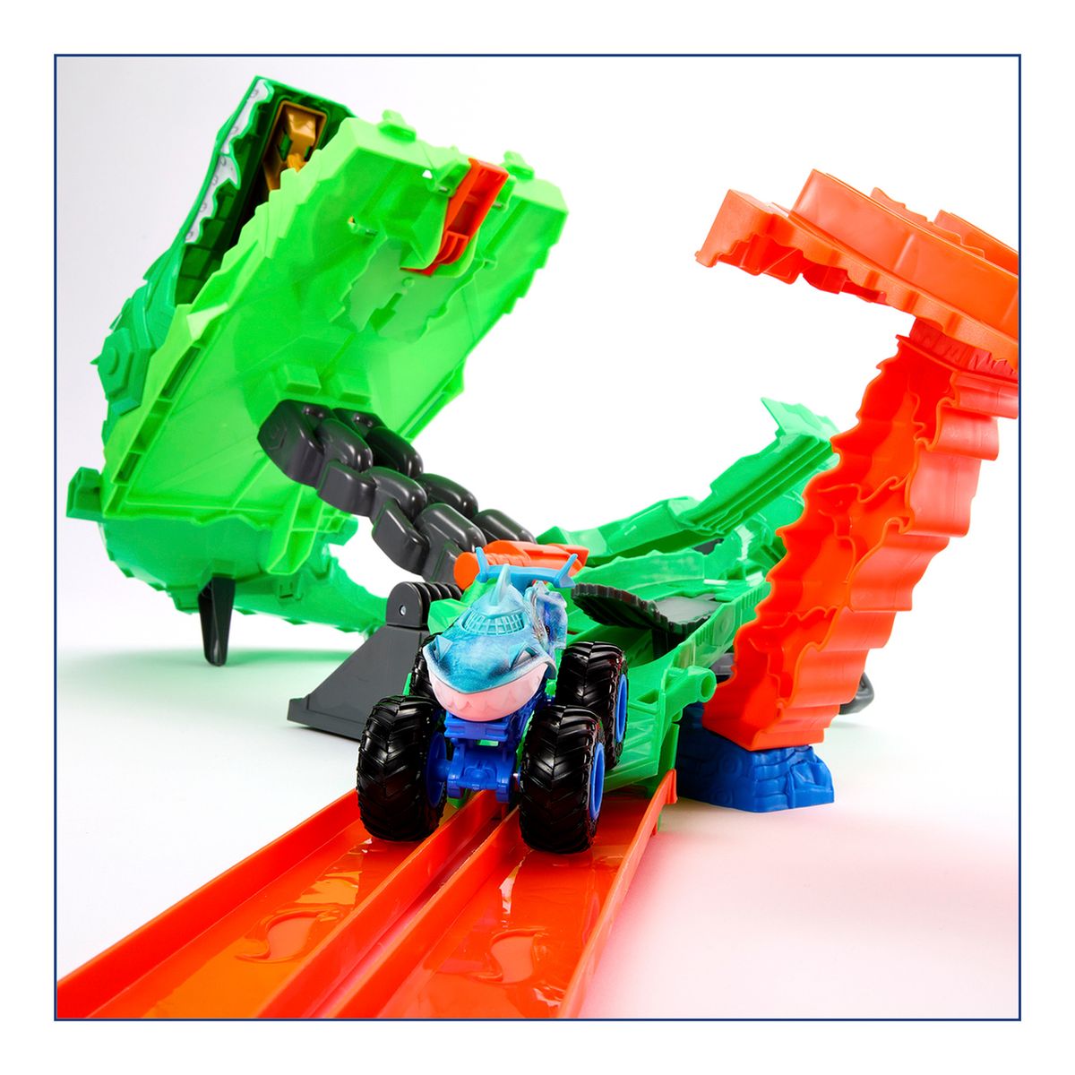 HOT WHEELS - Didáctico Pista de carros Hot Wheels: Camiones Monstruos Tiburones VS Dinos