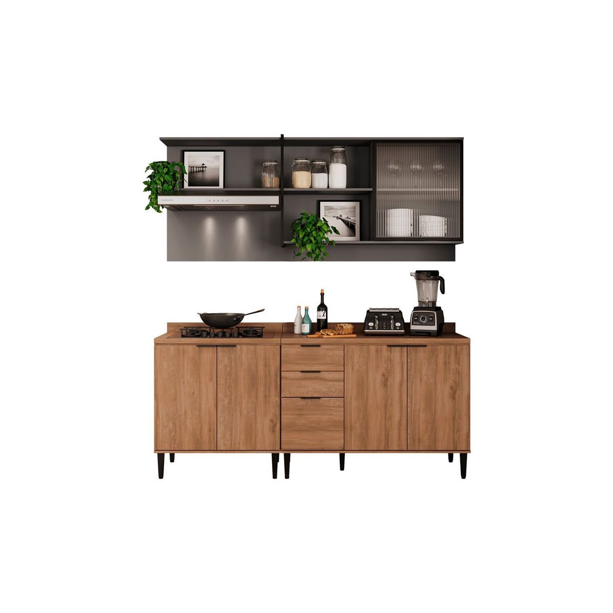 BERTOLINI - Cocina Integral en MDP 200cm con meson en MDP 6 puertas Freijo y gris