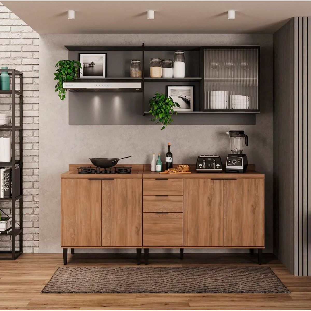 BERTOLINI - Cocina Integral en MDP 200cm con meson en MDP 6 puertas Freijo y gris