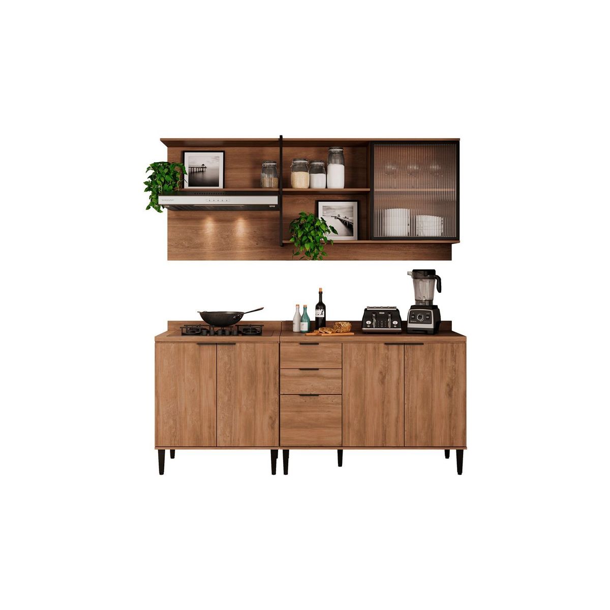 BERTOLINI - Cocina Integral en MDP 200cm con meson en MDP 6 puertas Freijo