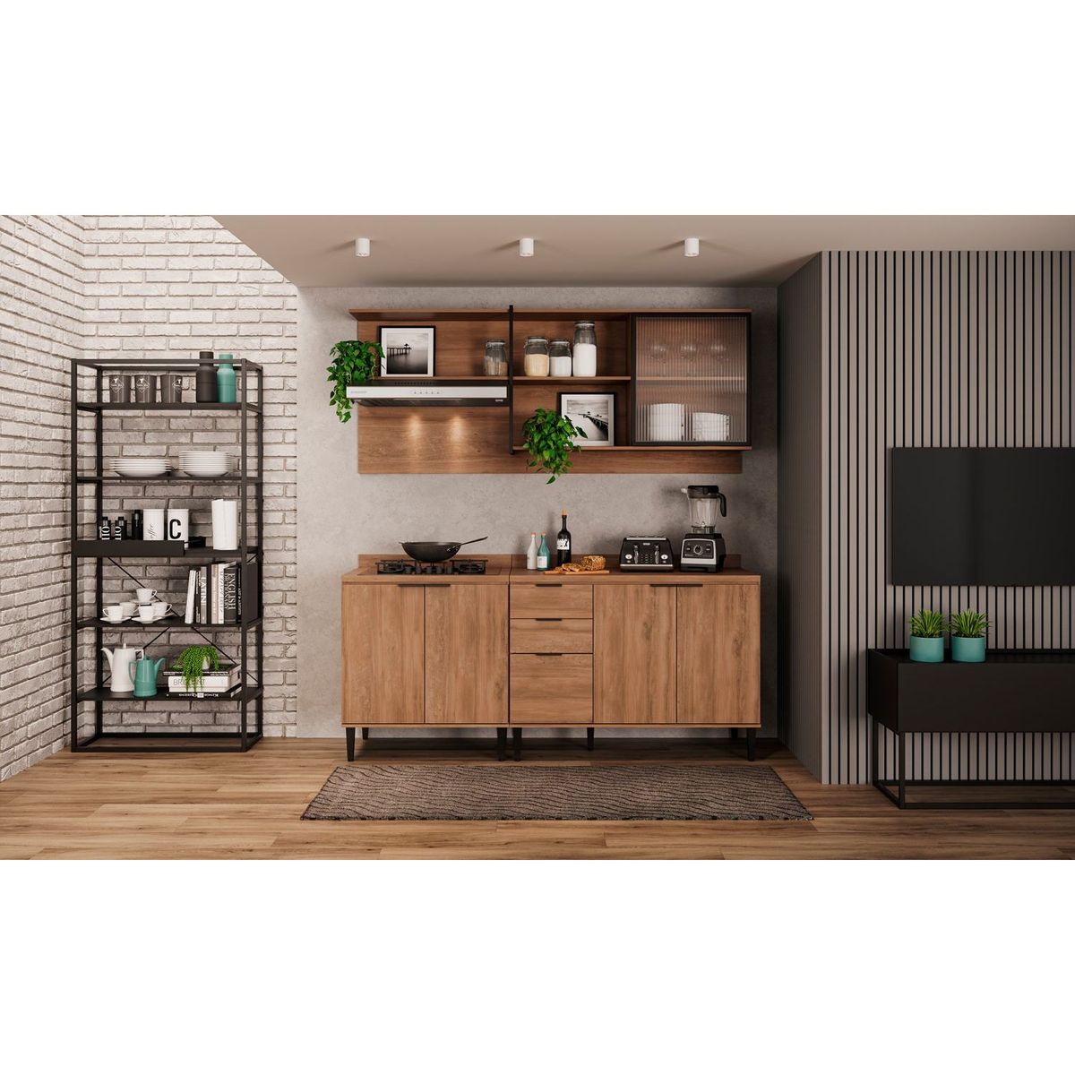 BERTOLINI - Cocina Integral en MDP 200cm con meson en MDP 6 puertas Freijo