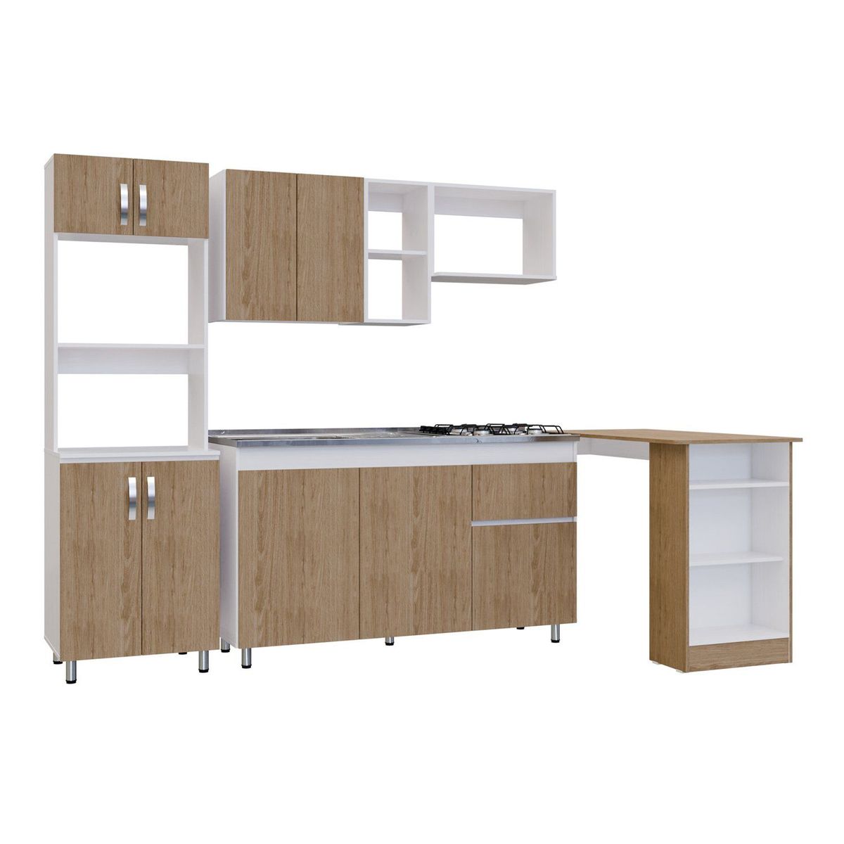 BERTOLINI - Cocina Integral Rosy 210cm lavaplatos Izquierdo y fogones + alacena + barra Rovere