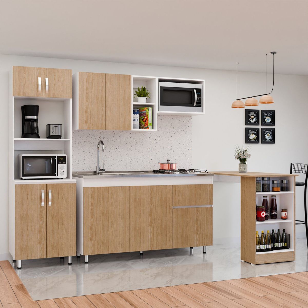 BERTOLINI - Cocina Integral Rosy 210cm lavaplatos Izquierdo y fogones + alacena + barra Rovere
