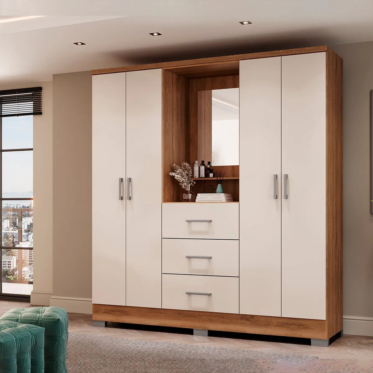 BERTOLINI - Clóset Moderno en Madera MDP 4 Puertas 3 Cajones con Espejo 160 x 198 x 46.5 cm Bertolini 