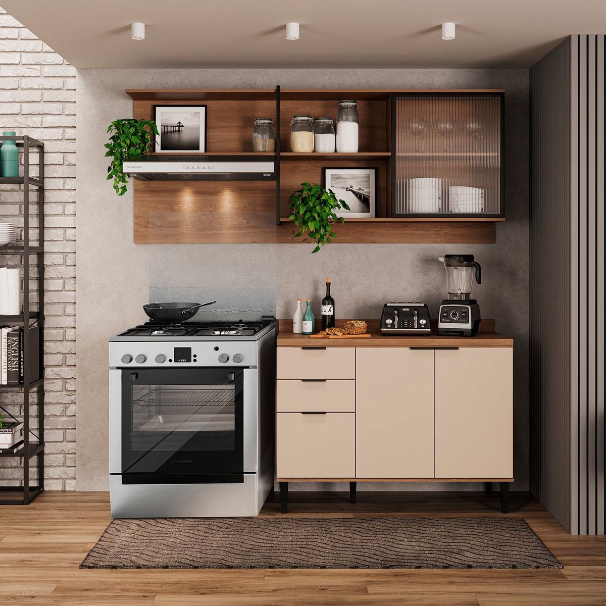 BERTOLINI - Cocina Integral en MDP 200cm con meson en MDP 4 puertas Beige con freijo.