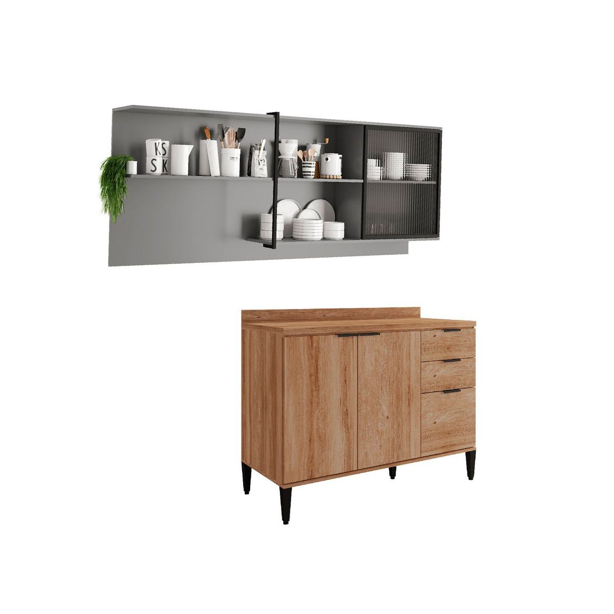 BERTOLINI - Cocina Integral en MDP 200cm con meson en MDP 4 puertas Freijo con gris