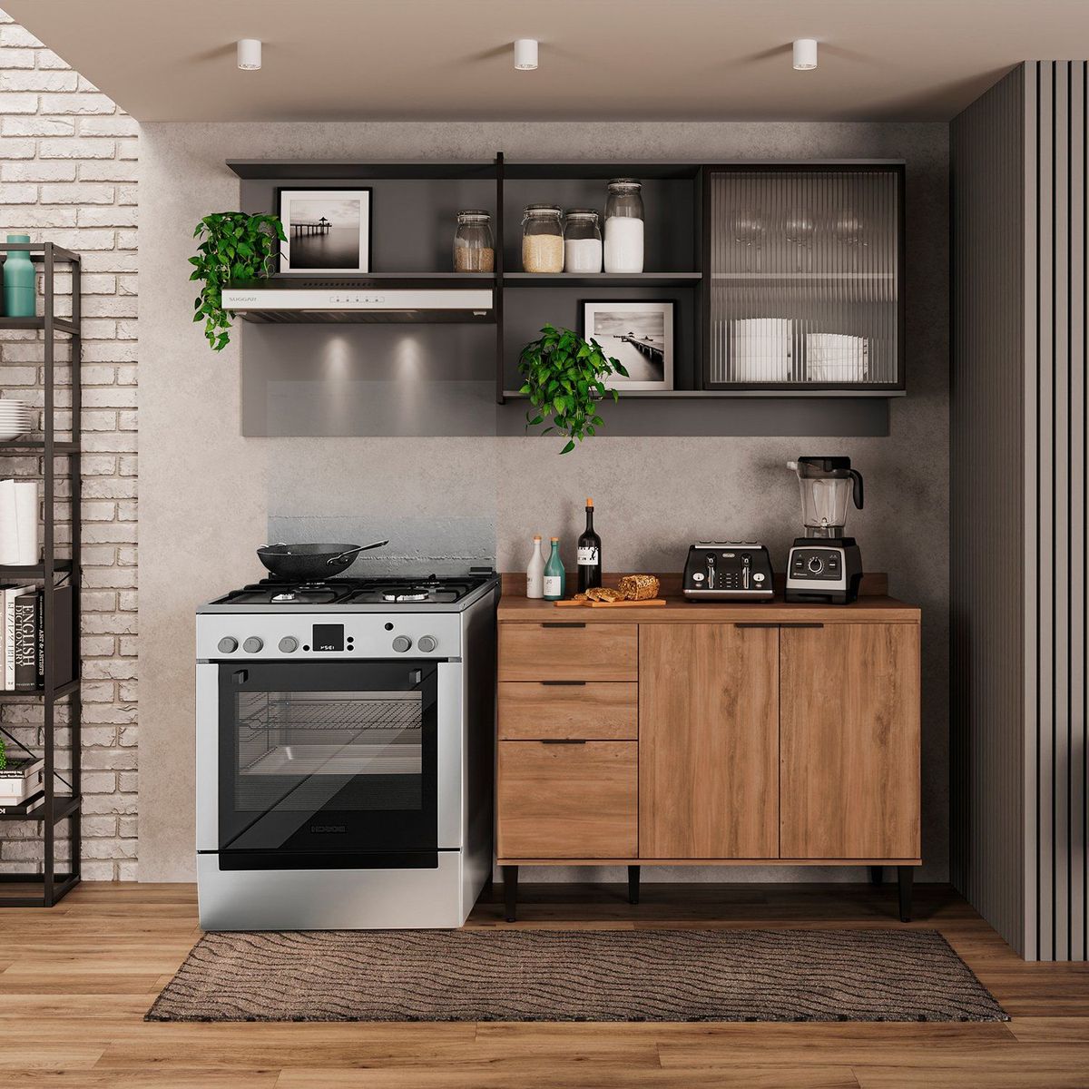 BERTOLINI - Cocina Integral en MDP 200cm con meson en MDP 4 puertas Freijo con gris