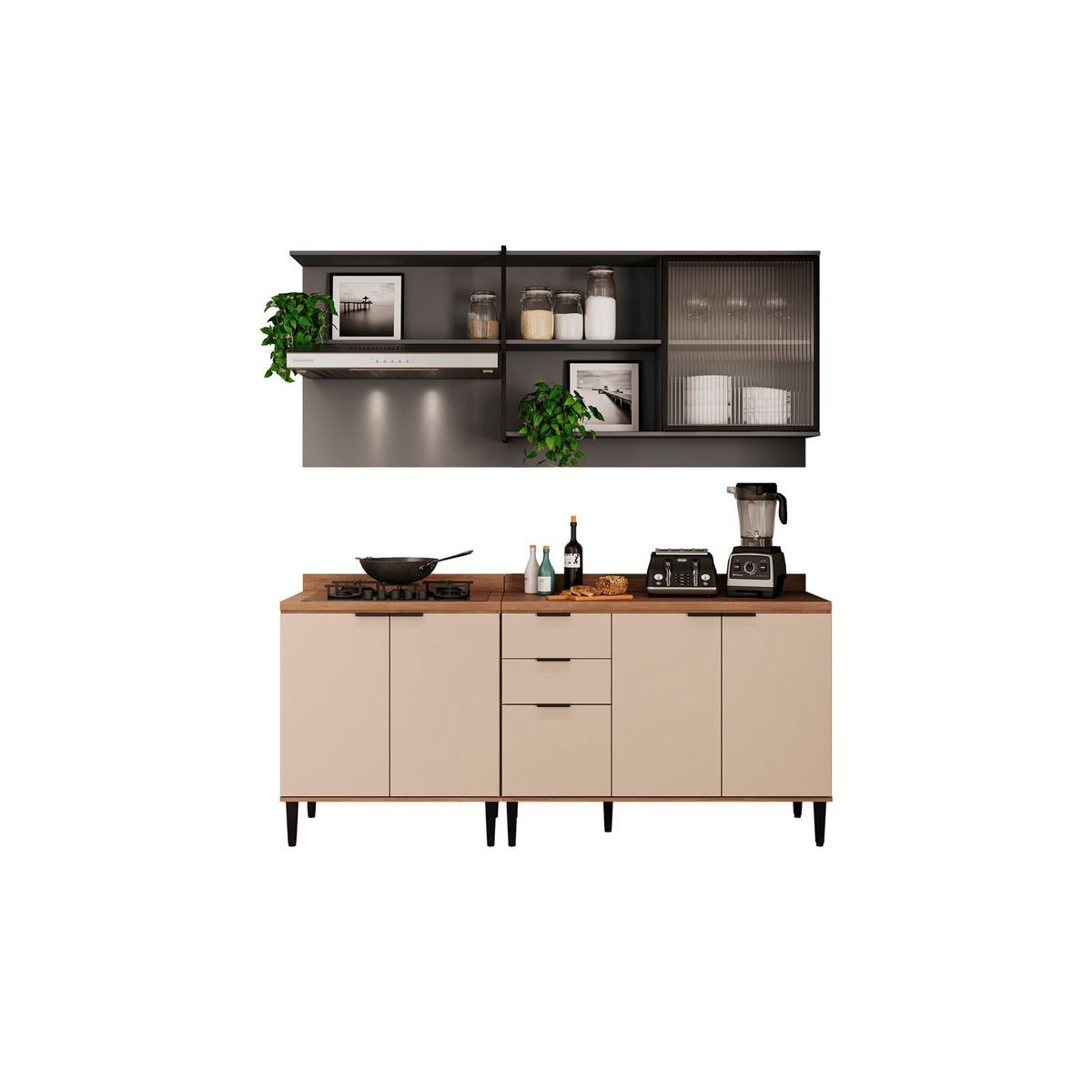 BERTOLINI - Cocina Integral en MDP 200cm con meson en MDP 6 puertas Blanco con gris