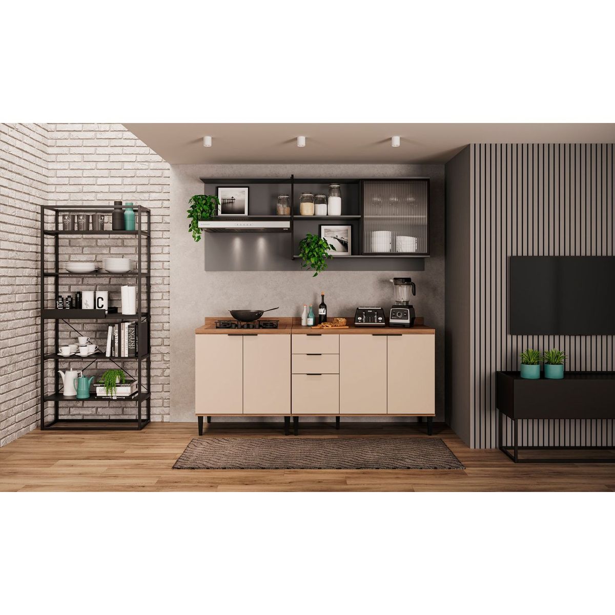BERTOLINI - Cocina Integral en MDP 200cm con meson en MDP 6 puertas Blanco con gris