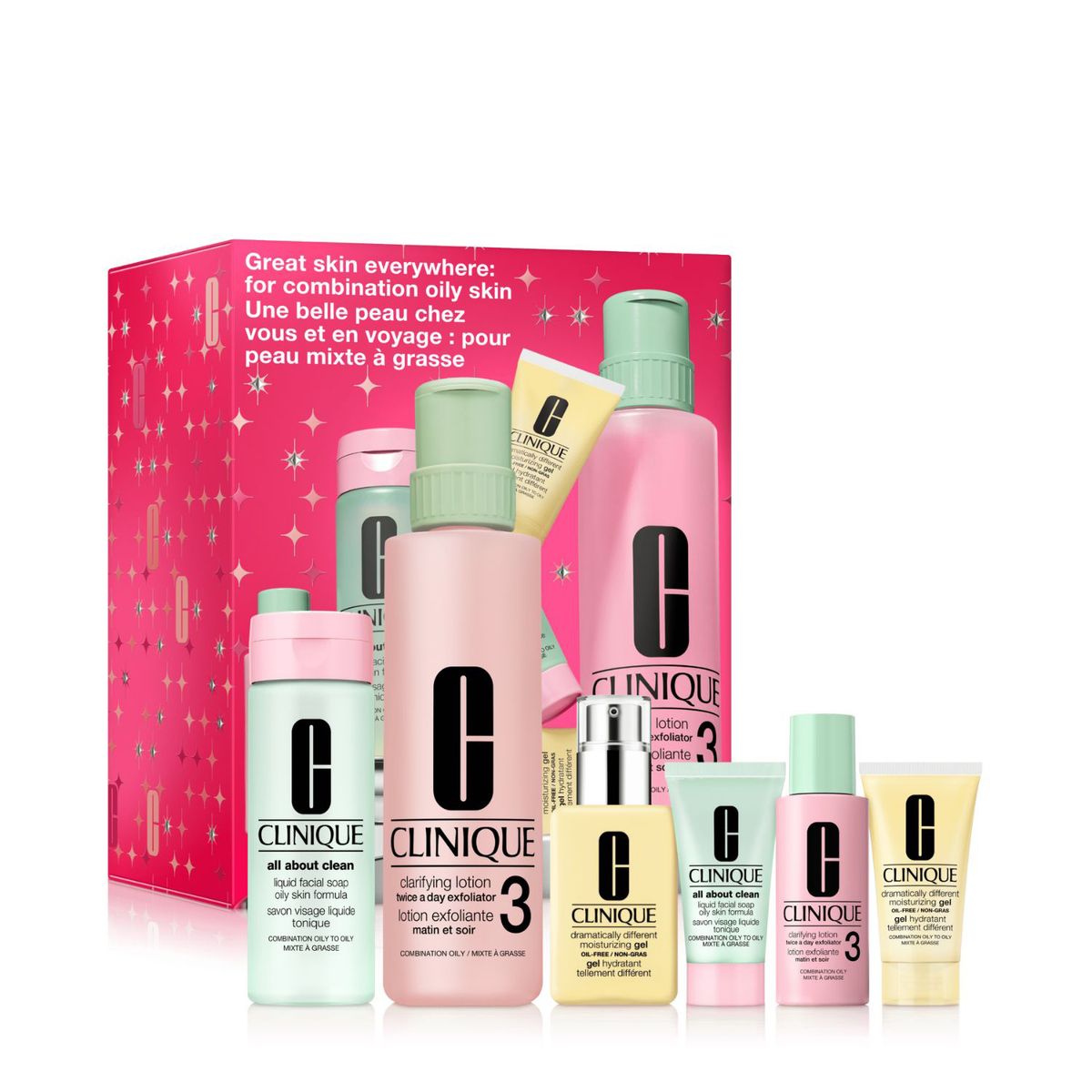CLINIQUE - Set Limpiador Tratamiento Rutina 3 pasos Rostro Great Skin Everywhere: Piel mixta-grasa Holiday Clinique Incluye 6 productos