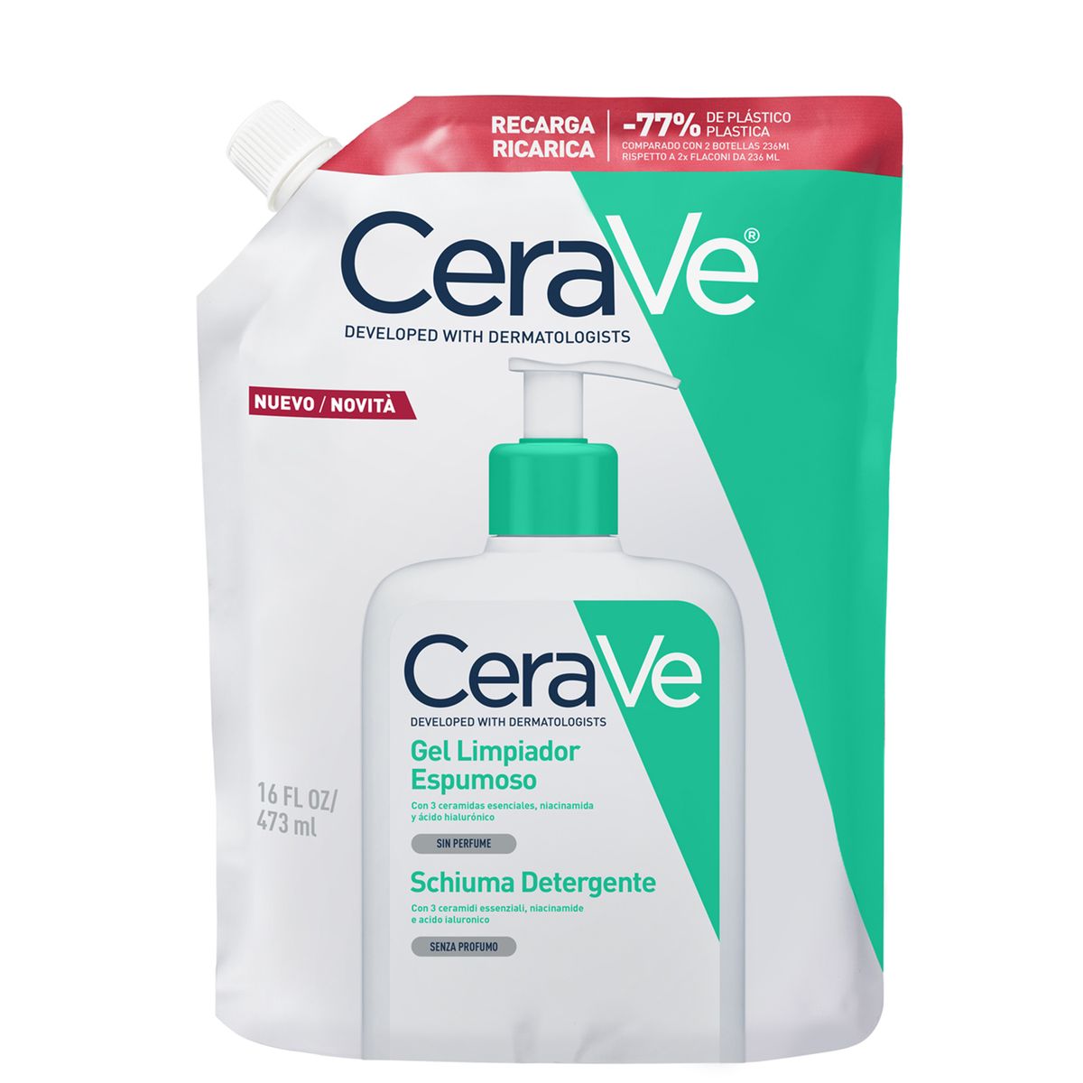CERAVE - Jabón facial Refill Gel Limpiador Espumoso para piel normal a grasa CeraVe 473 ml