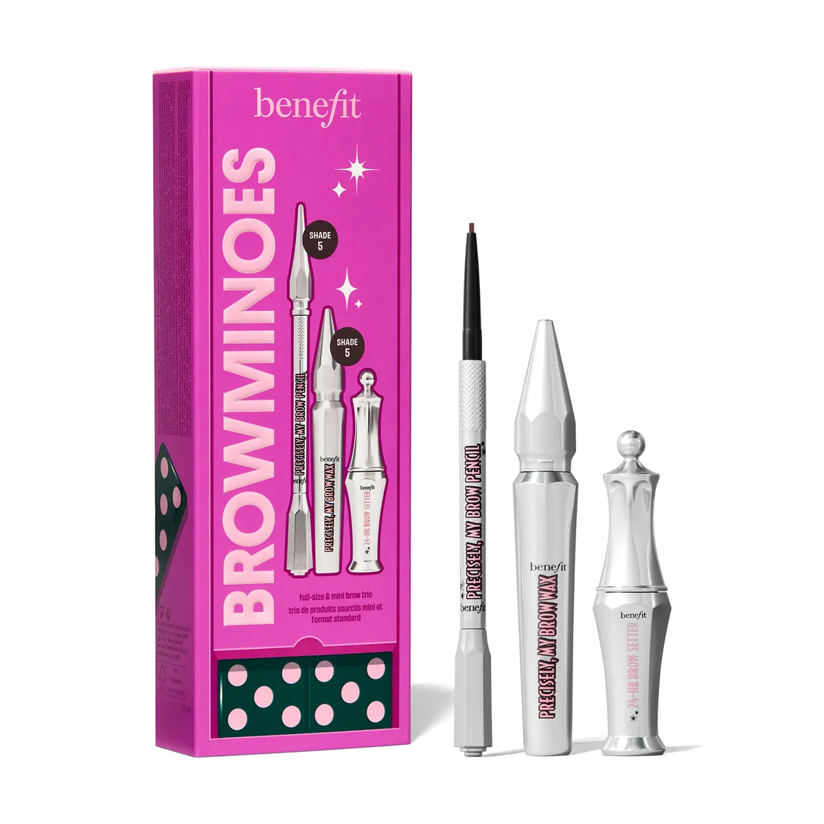 BENEFIT - Kit de cejas Browminoes: Lápiz de cejas + Cera con color voluminizadora + Gel transparente fijador  