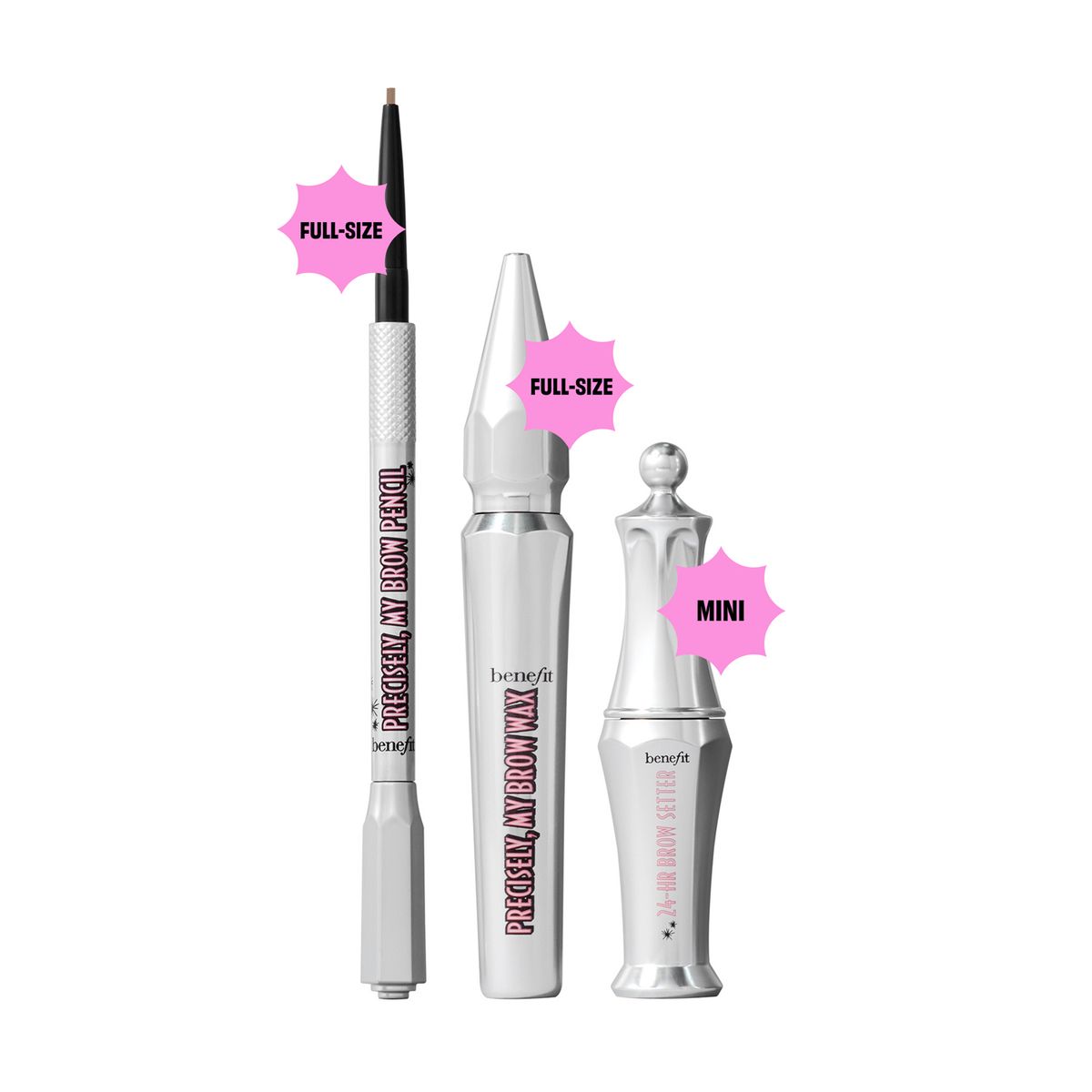 BENEFIT - Kit de cejas Browminoes: Lápiz de cejas + Cera con color voluminizadora + Gel transparente fijador  