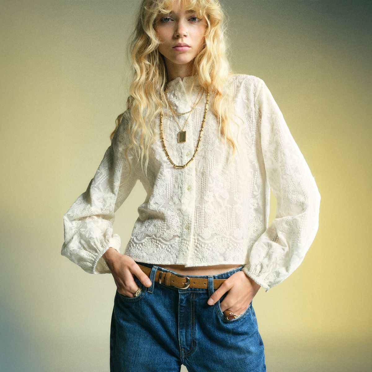 MANGO - Blusa Mujer con Bordado Manga larga Mango