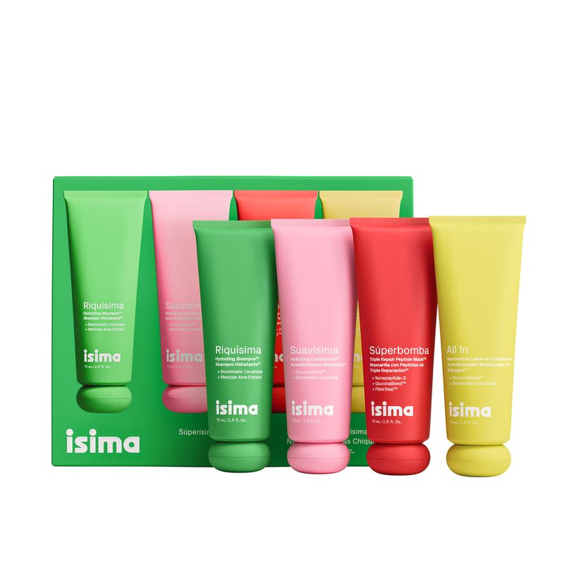 ISIMA - Tratamientos capilares Súperisima Discovery Kit Isima Incluye: Súperbomba Triple Repair Peptide Mask 75ml, Riquísima Hydrating Shampoo 75ml, Suavísima Hydrating Conditioner 75ml, All In Restorative Leave-In Conditioner 75ml