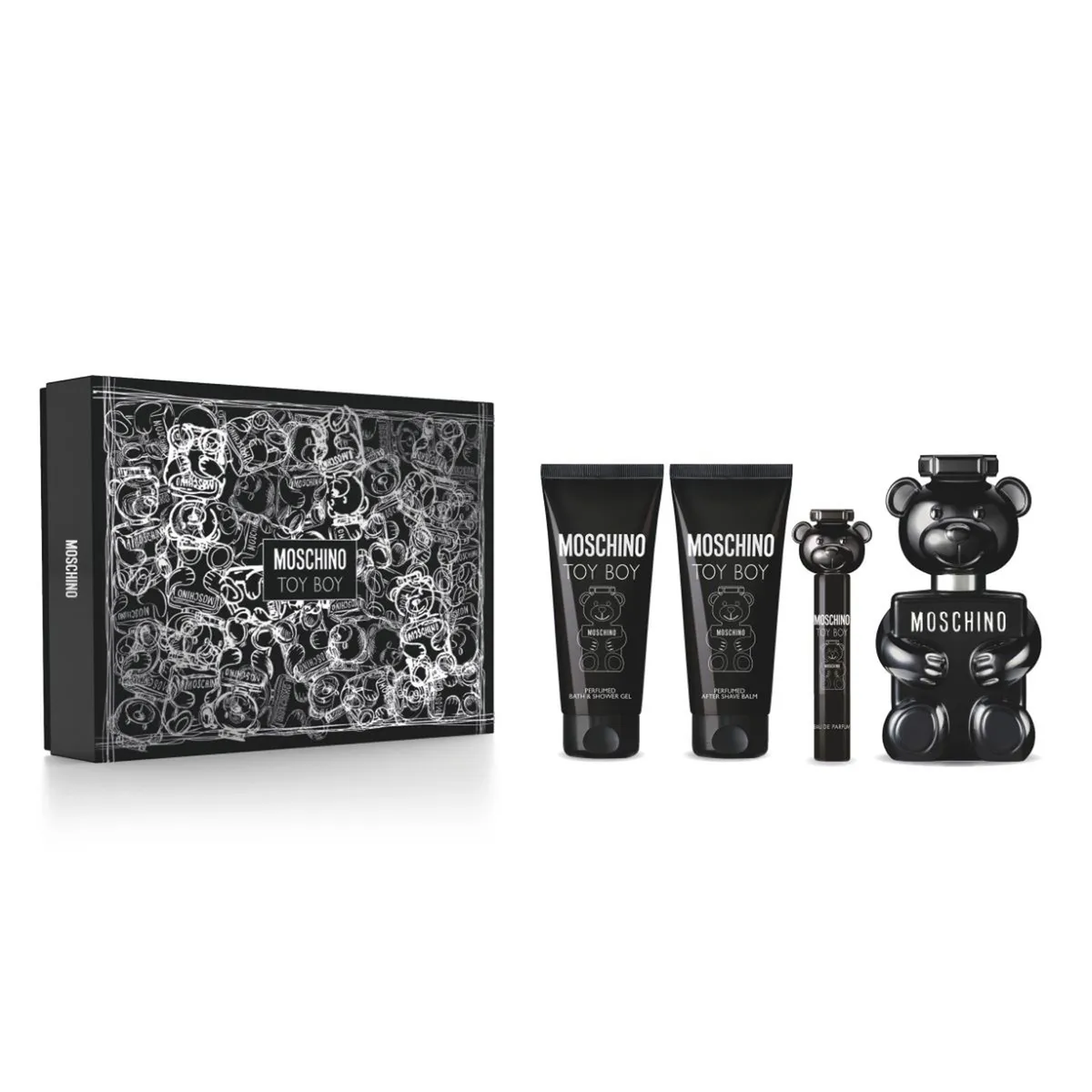MOSCHINO - Set de Perfume Hombre incluye Moschino Toy Boy Eau de parfum 100 ml , Shower Gel 100 ml , After Shave Balm 100 ml , Travel Spray 10 ml 