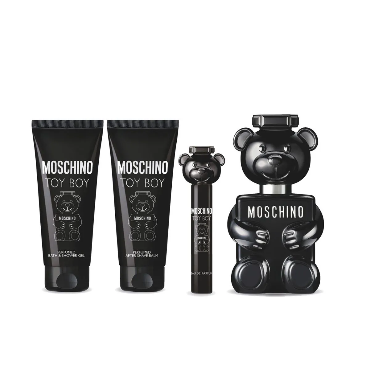 MOSCHINO - Set de Perfume Hombre incluye Moschino Toy Boy Eau de parfum 100 ml , Shower Gel 100 ml , After Shave Balm 100 ml , Travel Spray 10 ml 