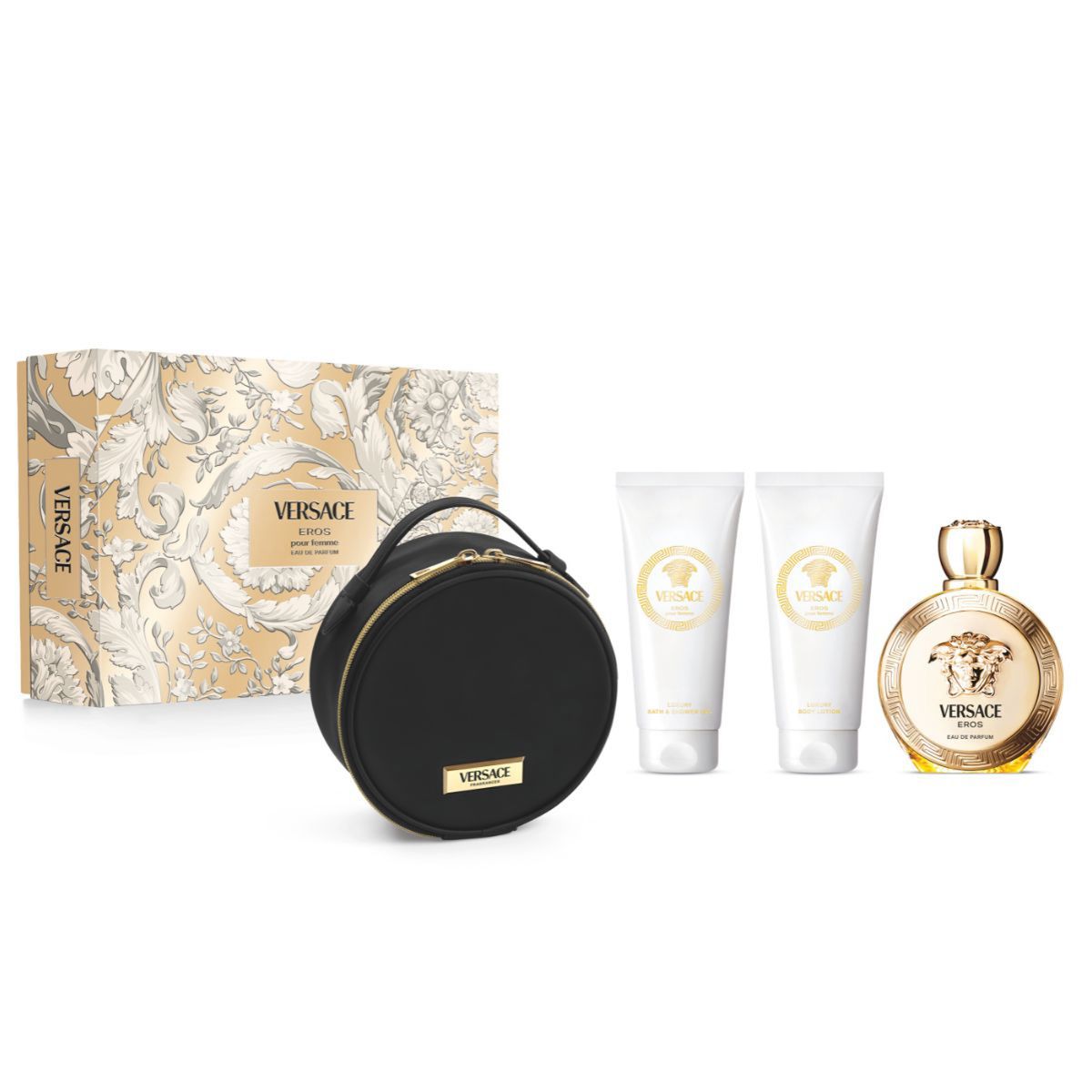 VERSACE - Set de perfume Mujer incluye Versace Eros Pour Femme EDP 100 ml, Shower Gel 100 ml, Body Lotion 100 ml, GWP