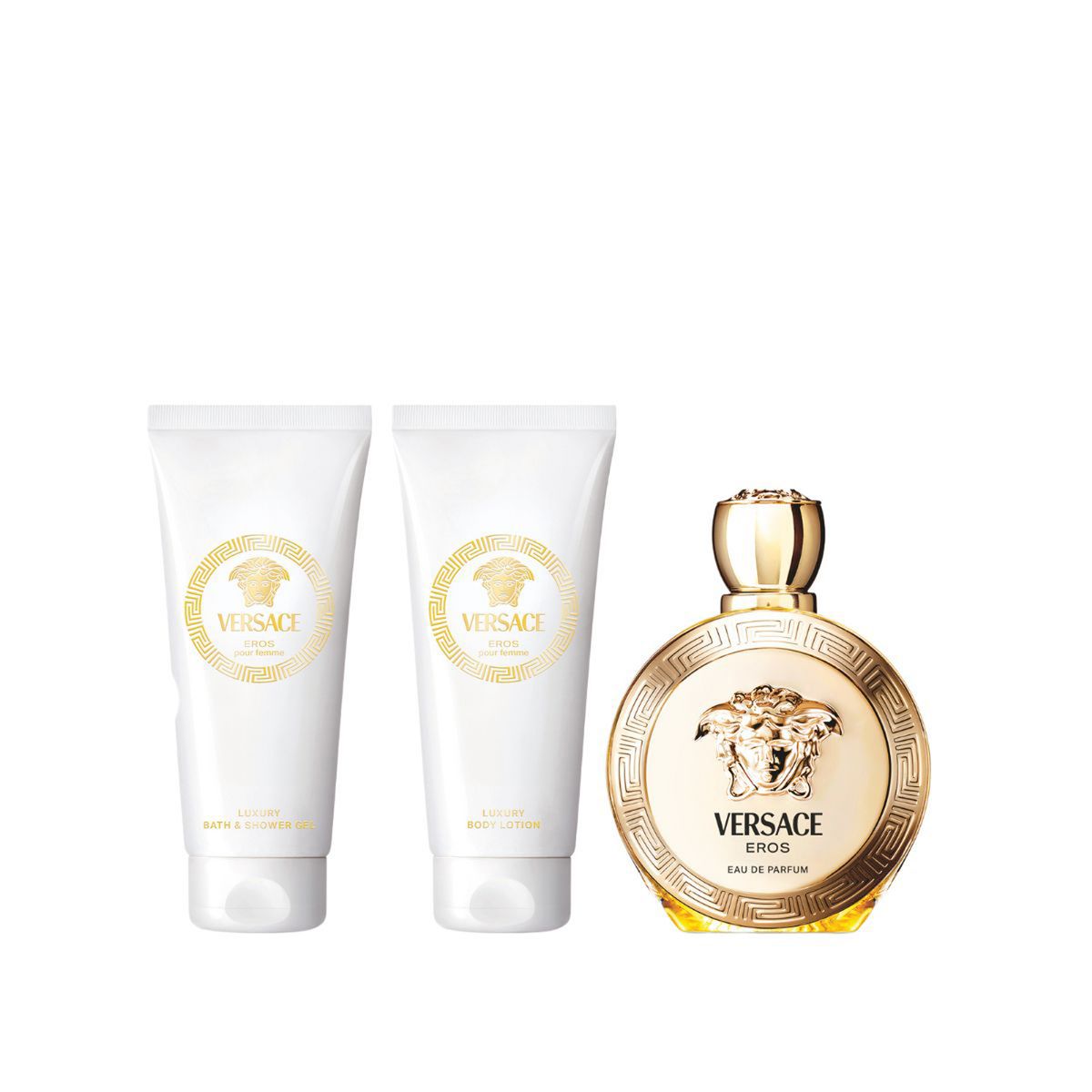 VERSACE - Set de perfume Mujer incluye Versace Eros Pour Femme EDP 100 ml, Shower Gel 100 ml, Body Lotion 100 ml, GWP