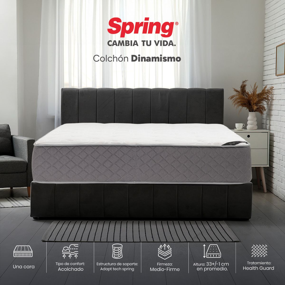 COLCHONES SPRING - Colchón Spring Semidoble Firmeza Media Ortopédico Resortado Dinamismo 120 x 190 cm