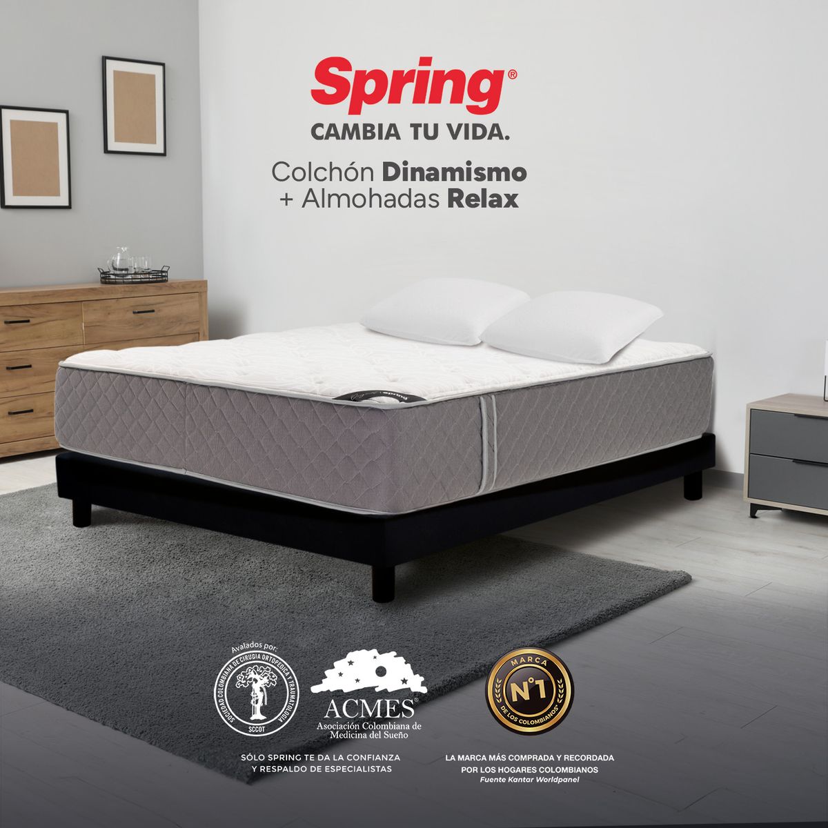 COLCHONES SPRING - Colchón Spring Doble Firmeza Media Ortopédico Resortado Dinamismo 140 x 190 cm + 2 Almohadas