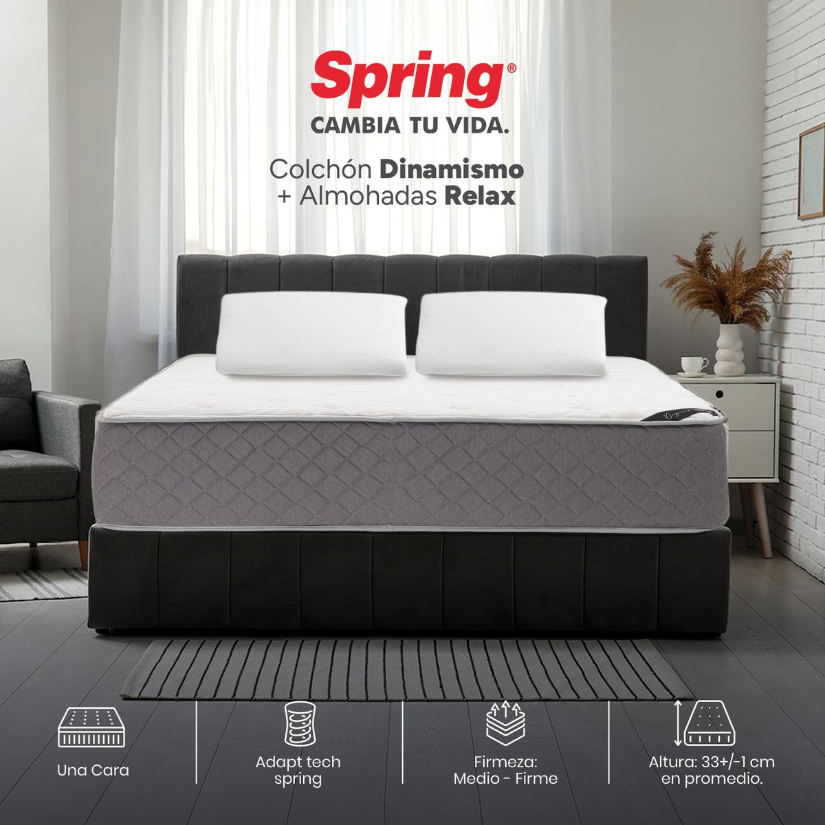 COLCHONES SPRING - Colchón Spring Queen Firmeza Media Ortopédico Resortado Dinamismo 160 x 190 cm + 2 Almohadas