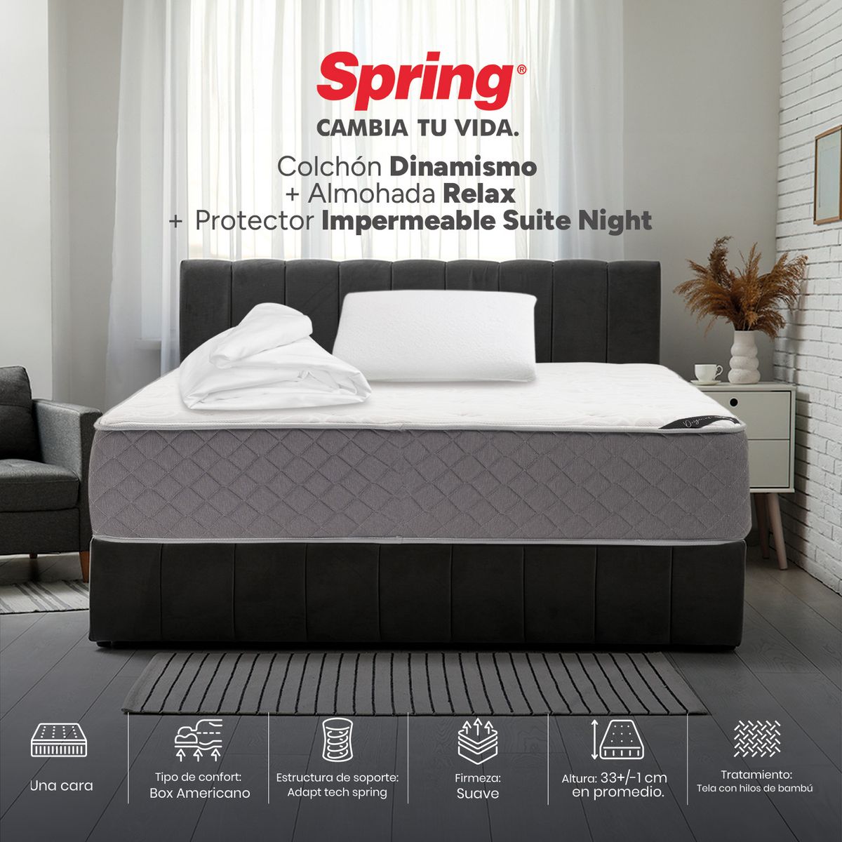 COLCHONES SPRING - Colchón Spring Sencillo Firmeza Media Ortopédico Resortado Dinamismo 100 x 190 cm + Almohada + Protector