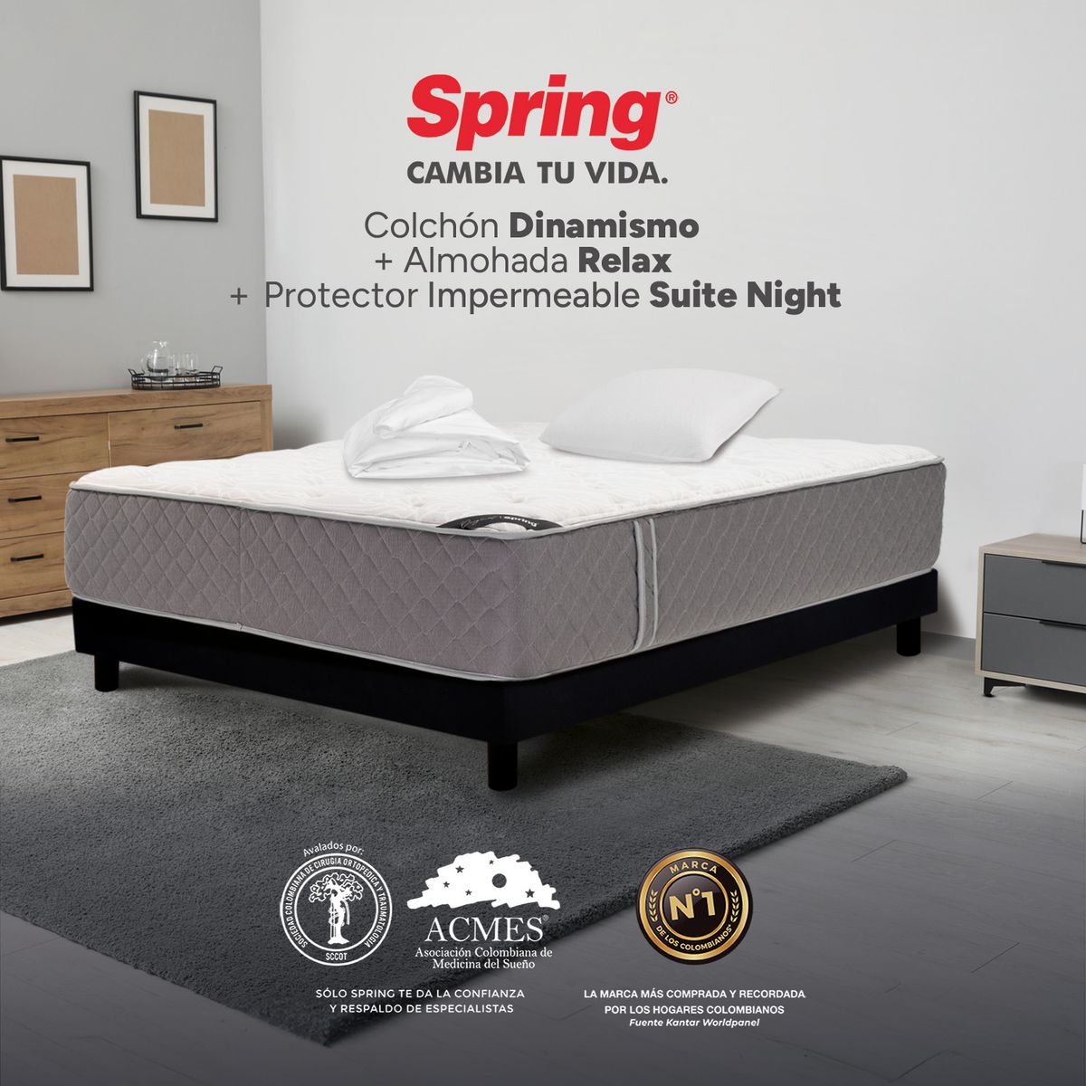 COLCHONES SPRING - Colchón Spring Sencillo Firmeza Media Ortopédico Resortado Dinamismo 100 x 190 cm + Almohada + Protector