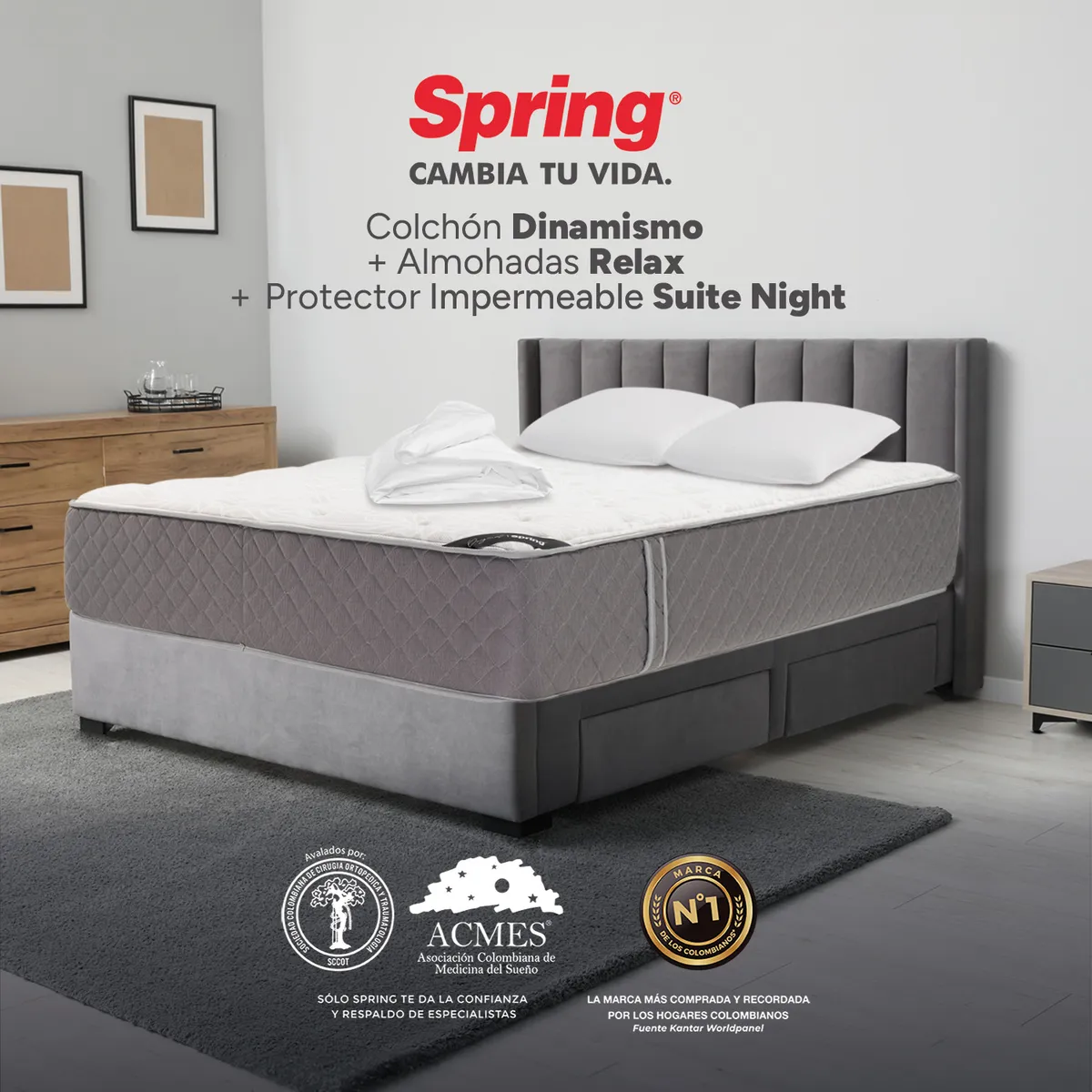 COLCHONES SPRING - Colchón Spring Doble Firmeza Media Ortopédico Resortado Dinamismo 140 x 190 cm + 2 Almohadas + Protector