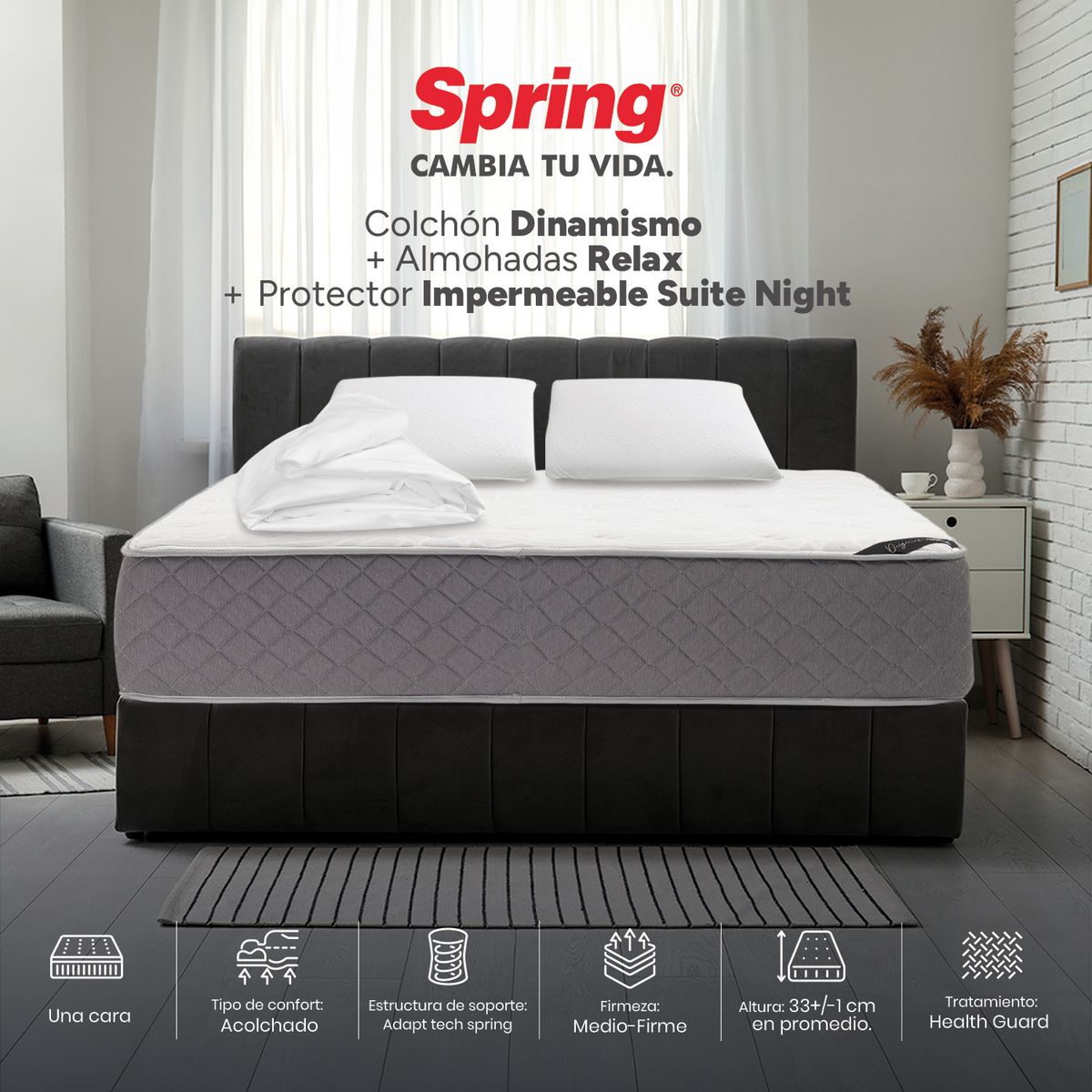 COLCHONES SPRING - Colchón Spring Queen Firmeza Media Ortopédico Resortado Dinamismo 160 x 190 cm + 2 Almohadas + Protector