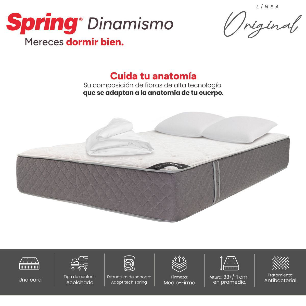 COLCHONES SPRING - Colchón Spring Queen Firmeza Media Ortopédico Resortado Dinamismo 160 x 190 cm + 2 Almohadas + Protector