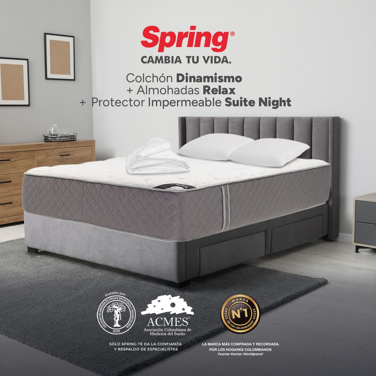 COLCHONES SPRING - Colchón Spring King Firmeza Media Ortopédico Resortado Dinamismo 200 x 200 cm + 2 Almohadas + Protector