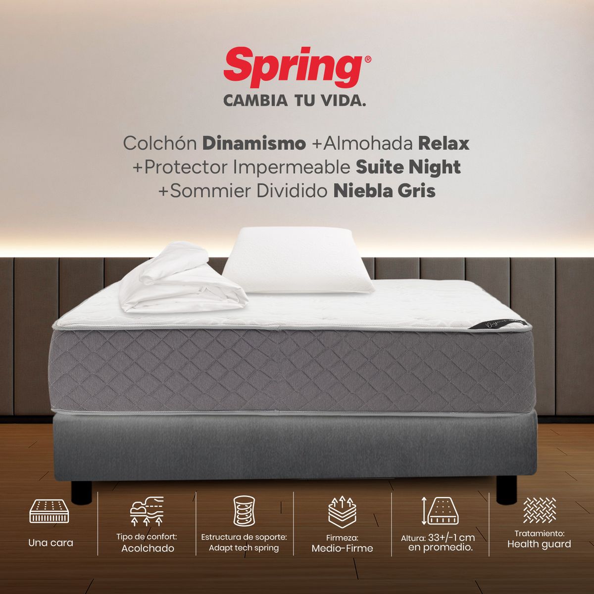 COLCHONES SPRING - Colchón Spring Semidoble Con Base Cama Firmeza Media Ortopédico Resortado Dinamismo 120 x 190 cm + Almohada + Protector