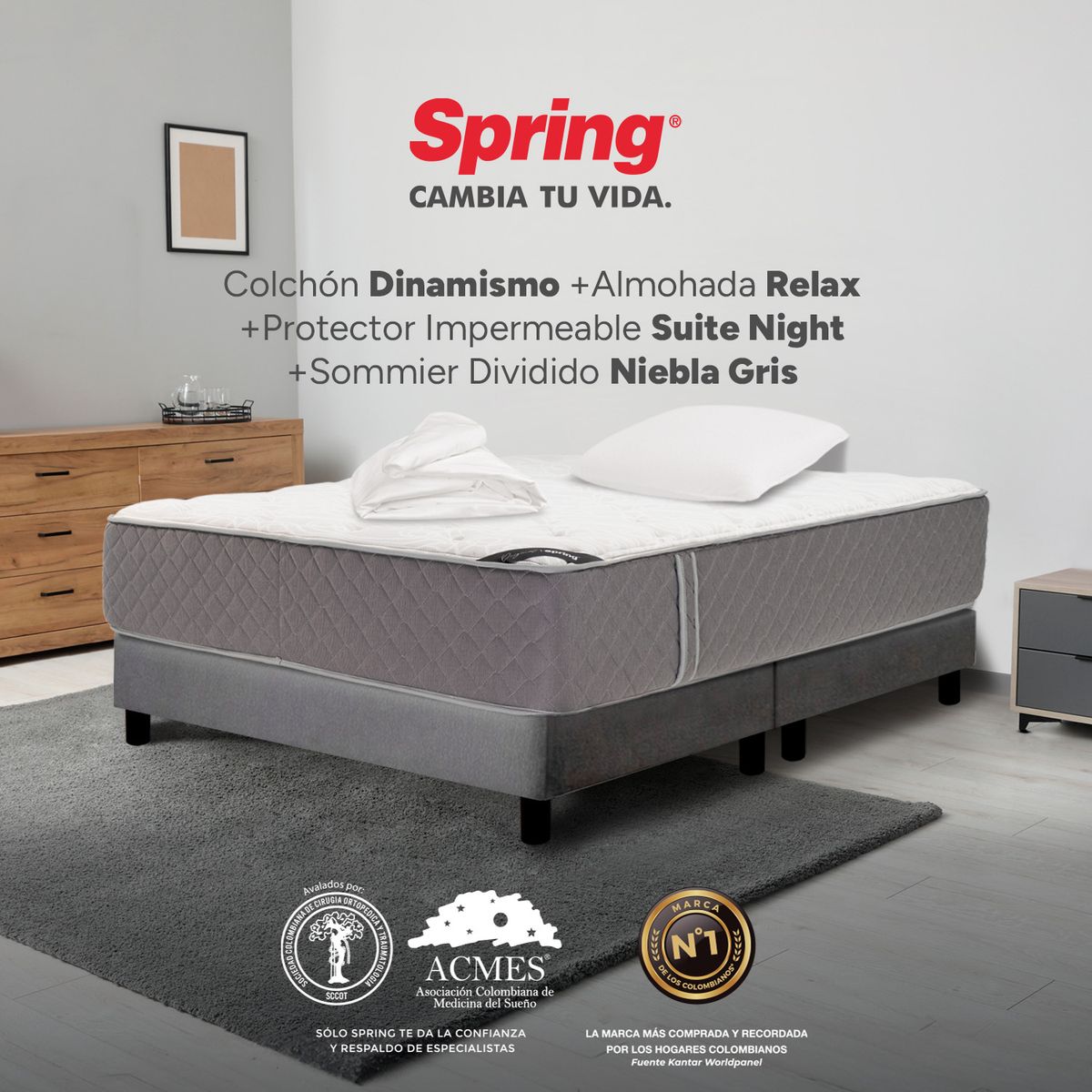 COLCHONES SPRING - Colchón Spring Semidoble Con Base Cama Firmeza Media Ortopédico Resortado Dinamismo 120 x 190 cm + Almohada + Protector