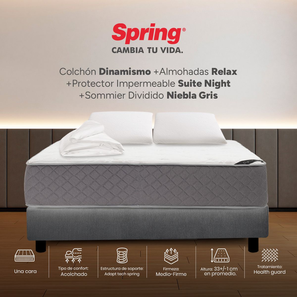 COLCHONES SPRING - Colchón Spring Doble Con Base Cama Firmeza Media Ortopédico Resortado Dinamismo 140 x 190 cm + 2 Almohadas + Protector