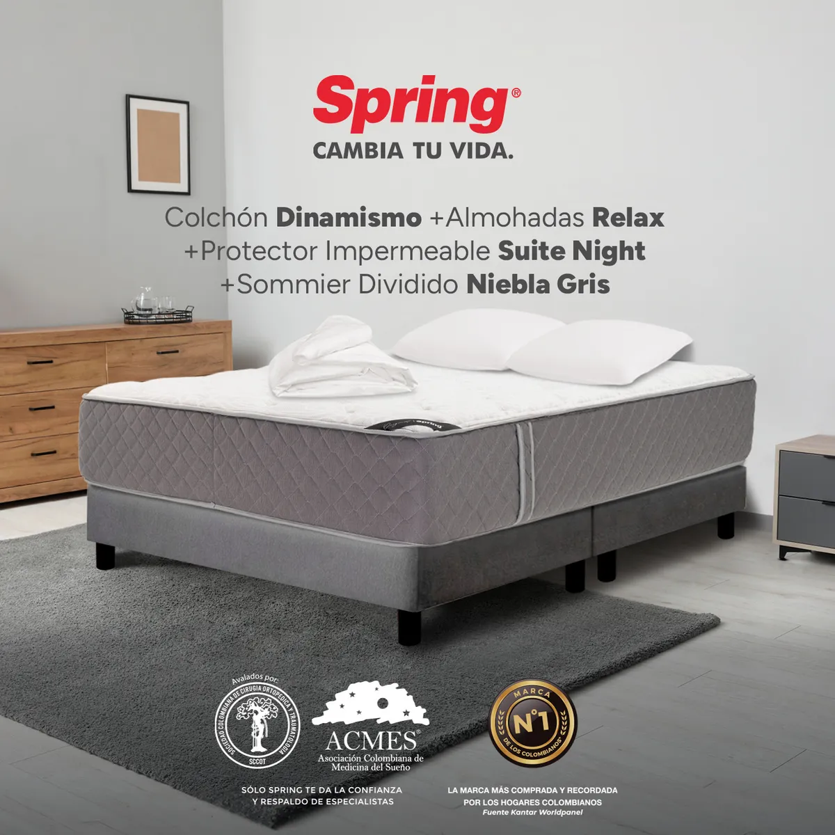 COLCHONES SPRING - Colchón Spring Doble Con Base Cama Firmeza Media Ortopédico Resortado Dinamismo 140 x 190 cm + 2 Almohadas + Protector