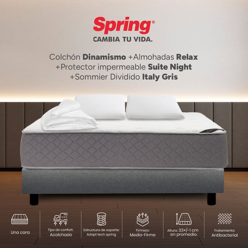 COLCHONES SPRING - Colchón Spring Queen Con Base Cama Firmeza Media Ortopédico Resortado Dinamismo 160 x 190 cm + 2 Almohadas + Protector