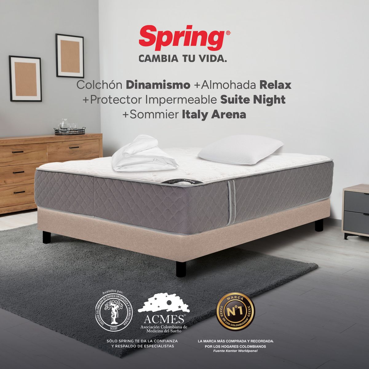 COLCHONES SPRING - Colchón Spring Semidoble Con Base Cama Firmeza Media Ortopédico Resortado Dinamismo 120 x 190 cm + Almohada + Protector