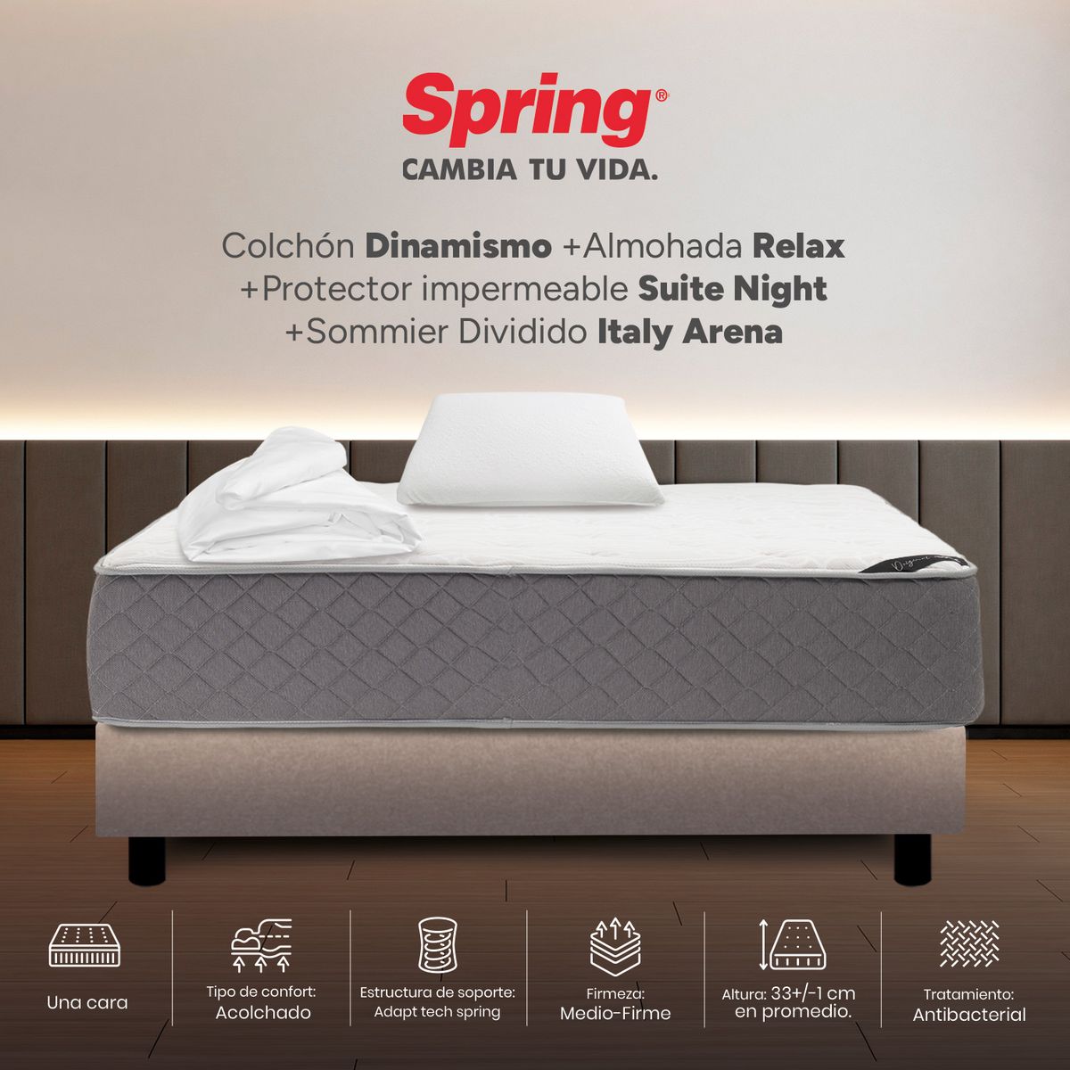 COLCHONES SPRING - Colchón Spring Semidoble Con Base Cama Firmeza Media Ortopédico Resortado Dinamismo 120 x 190 cm + Almohada + Protector