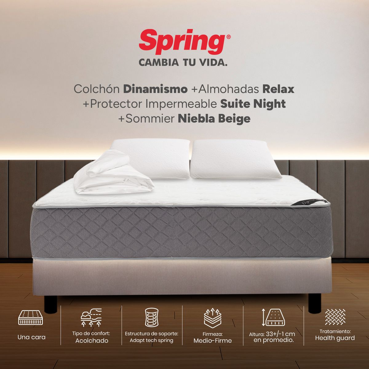 COLCHONES SPRING - Colchón Spring Doble Con Base Cama Firmeza Media Ortopédico Resortado Dinamismo 140 x 190 cm + 2 Almohadas + Protector