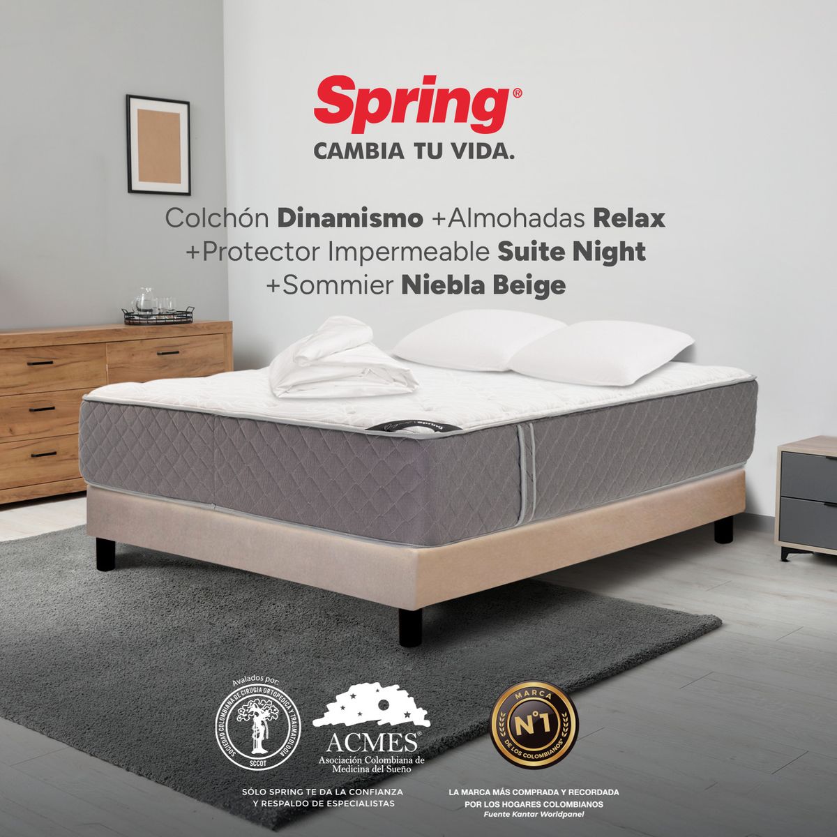 COLCHONES SPRING - Colchón Spring Doble Con Base Cama Firmeza Media Ortopédico Resortado Dinamismo 140 x 190 cm + 2 Almohadas + Protector