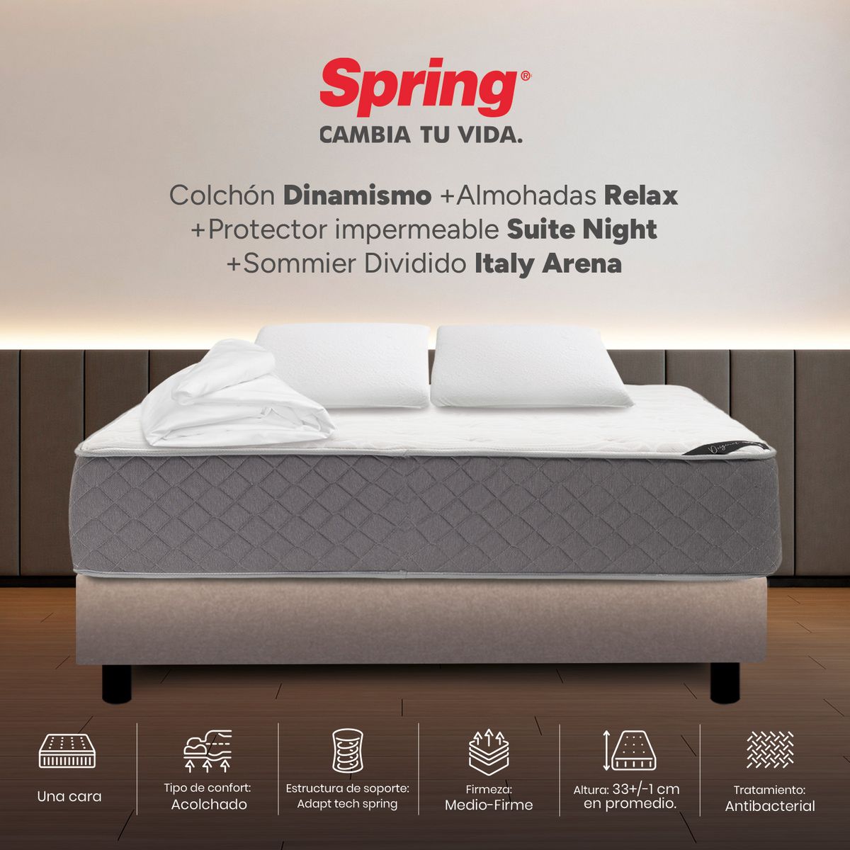 COLCHONES SPRING - Colchón Spring Queen Con Base Cama Firmeza Media Ortopédico Resortado Dinamismo 160 x 190 cm + 2 Almohadas + Protector
