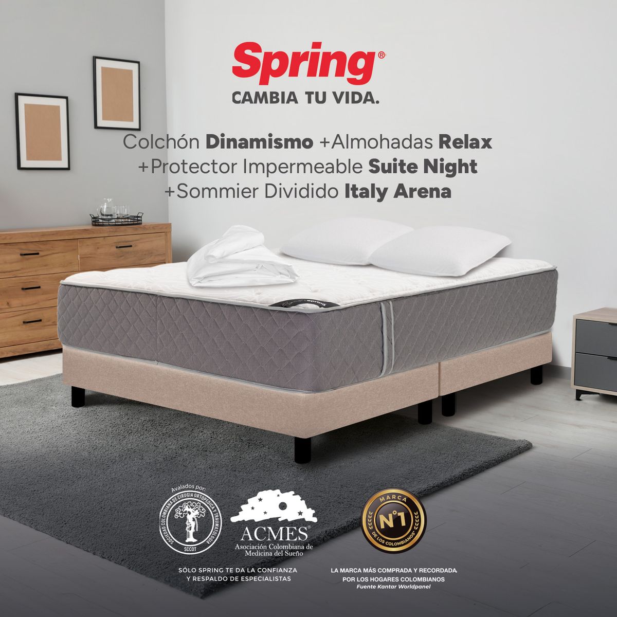 COLCHONES SPRING - Colchón Spring Queen Con Base Cama Firmeza Media Ortopédico Resortado Dinamismo 160 x 190 cm + 2 Almohadas + Protector